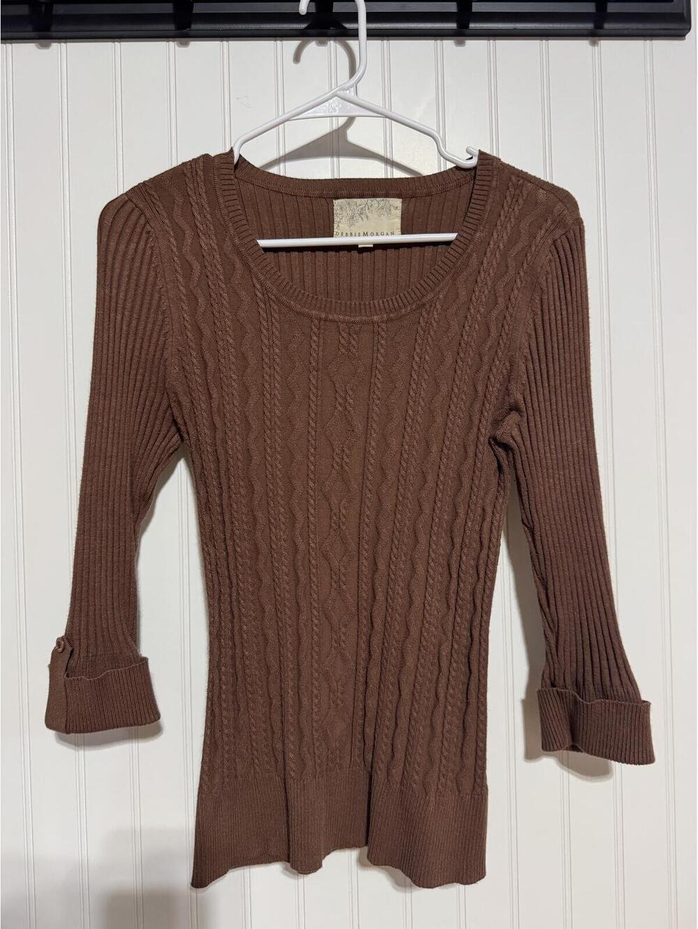 Debbie Morgan Cable Knit Scoop Neck Sweater Womens Medium Brown Cuff Button Tab